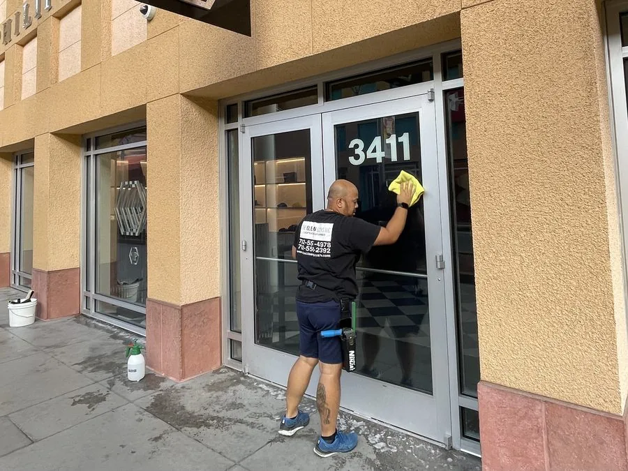 The Clean Guys cleaning luxury retail storefront windows Las Vegas Strip